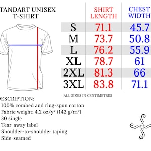 Pu&ograve; includere: Una tabella di taglie per una t-shirt unisex con misure in centimetri per la larghezza del petto e la lunghezza della t-shirt. La tabella mostra le taglie dalla S alla 3XL. La descrizione sotto la tabella dice "100% cotone pettinato e filato ad anello", "Peso del tessuto: 4,2 oz/y2 (142 g/m&sup2;)", "30 singolo", "Etichetta staccabile", "Nastratura spalla a spalla", e "Cuciture laterali".