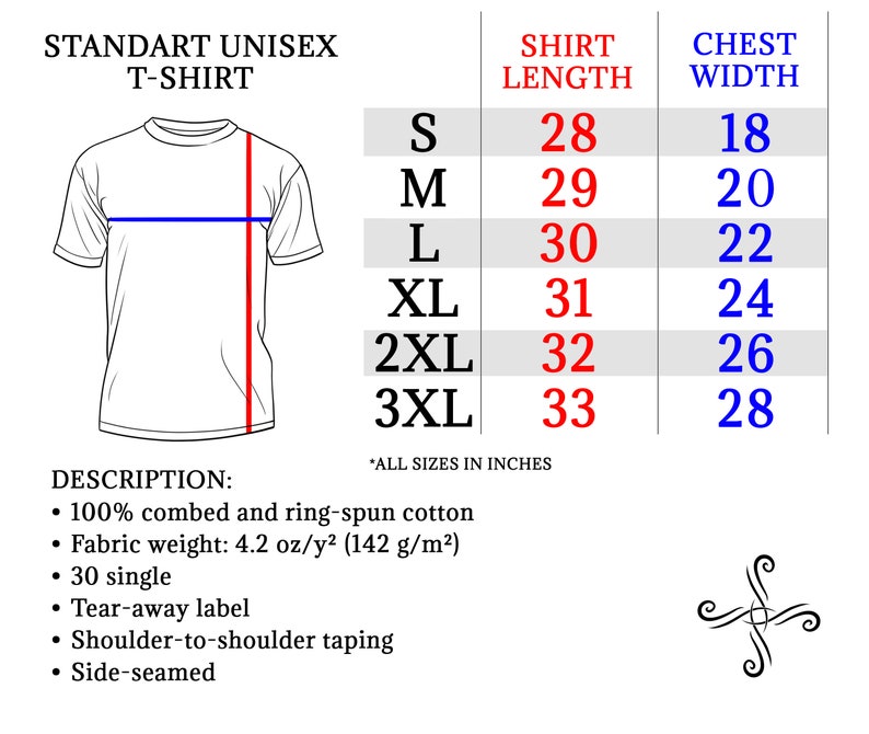 May include: A size chart for a unisex t-shirt. The chart shows the shirt length and chest width in inches for sizes S, M, L, XL, 2XL, and 3XL. The description below the chart states that the t-shirt is made of 100% combed and ring-spun cotton, has a fabric weight of 4.2 oz/y2 (142 g/m2), is 30 single, has a tear-away label, shoulder-to-shoulder taping, and is side-seamed.