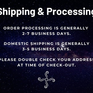 May include: Text on a dark blue background with white stars, outlining the shipping and processing times for orders. The text reads: "Shipping & Processing", "Order Processing is generally 2-7 business days.", "Domestic Shipping is generally 3-5 business days.", "Please double check your address at time of check-out."
