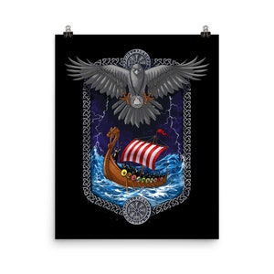 Norse Viking Ship Poster - Nordic Mythology Raven Wall Decor - Scandinavian Warrior Art Print - Viking Runes Room Decor - Pagan Gifts