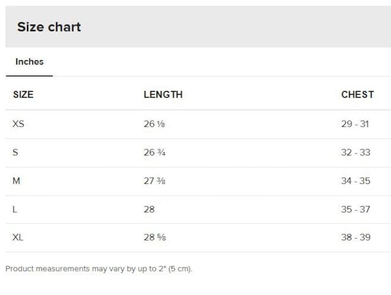 the size chart for a men's shirt