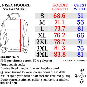 K&ouml;nnte beinhalten: Gr&ouml;&szlig;entabelle f&uuml;r Unisex-Kapuzenpullover mit Ma&szlig;en in Zentimetern f&uuml;r die Kapuzenl&auml;nge und die Brustweite. Die Gr&ouml;&szlig;en reichen von S bis 4XL.  50% vorgewaschene Baumwolle, 50% Polyester.  Mit einer K&auml;ngurutasche, einer doppelt gef&uuml;tterten Kapuze mit passendem Kordelzug, einem Viertel-Turn, um Falten in der Mitte zu vermeiden, luftgewirbeltem Garn mit weichem Griff und reduziertem Pilling, doppelt gen&auml;htem Kragen, Schultern, Arml&ouml;chern, B&uuml;ndchen und Saum.