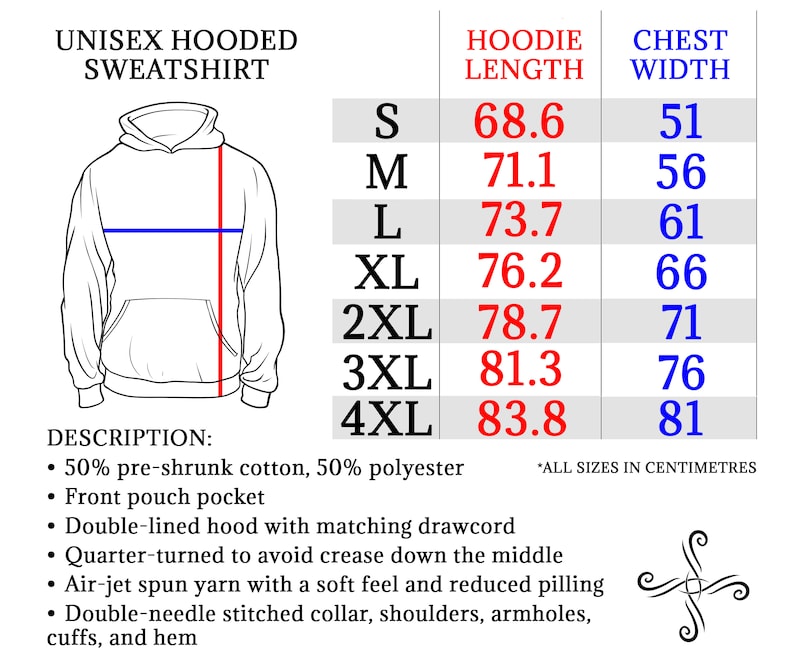 K&ouml;nnte beinhalten: Gr&ouml;&szlig;entabelle f&uuml;r Unisex-Kapuzenpullover mit Ma&szlig;en in Zentimetern f&uuml;r die Kapuzenl&auml;nge und die Brustweite. Die Gr&ouml;&szlig;en reichen von S bis 4XL.  50% vorgewaschene Baumwolle, 50% Polyester.  Mit einer K&auml;ngurutasche, einer doppelt gef&uuml;tterten Kapuze mit passendem Kordelzug, einem Viertel-Turn, um Falten in der Mitte zu vermeiden, luftgewirbeltem Garn mit weichem Griff und reduziertem Pilling, doppelt gen&auml;htem Kragen, Schultern, Arml&ouml;chern, B&uuml;ndchen und Saum.