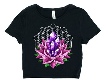 Lotus Crystals Fitted Crop Top - Zen Sacred Geometry Womens Tee - Flower Of Life Spiritual Shirt - Boho Clothes - Hippie Festival Clothing