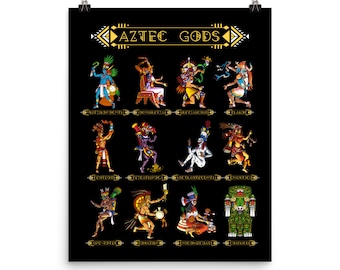 Aztec Mythology Gods Poster - Ancient Mayan Civilization Wall Decor - Aztec Deity Art Print - Aztec History Room Decor - Aztec Gifts