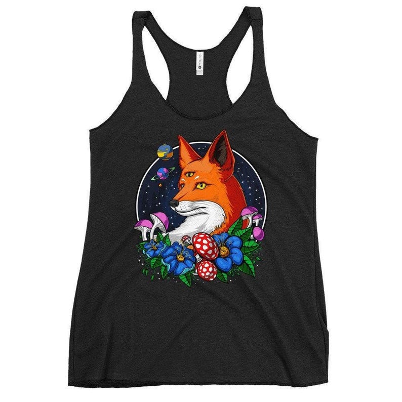 Psychedelic Fox Womens Tank Top, Fox Racerback Tank, Fox Clothing, Forest Floral Clothes, Fox Apparel, Fox Outfit, Womens Fox Tank image 1