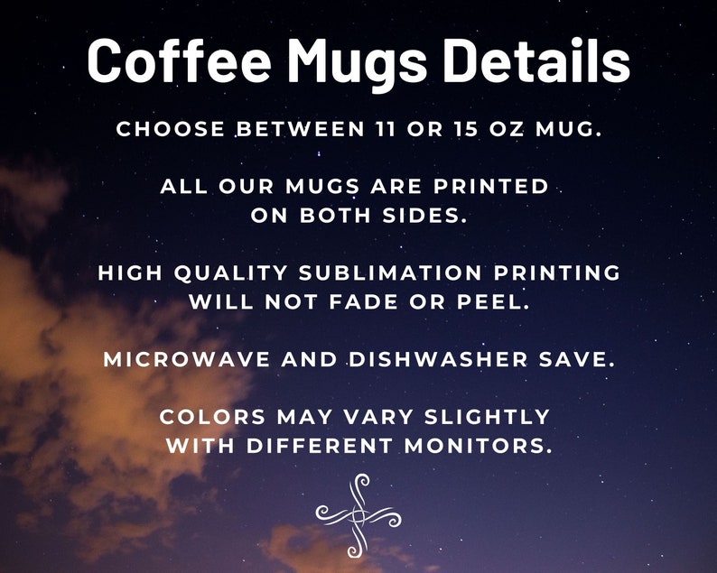 Op de afbeelding: Details over koffiemokken: Kies tussen een mok van 11 of 15 ounce. Alle mokken zijn bedrukt aan beide zijden. Hoogwaardige sublimatieprint die niet vervaagt of bladdert. Geschikt voor magnetron en vaatwasser. Kleuren kunnen enigszins vari&euml;ren afhankelijk van de monitor.