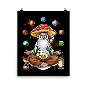 Hippie Mushroom Meditation Poster, Psychedelic Mushroom Art Print, Fungi Wall Decor, Spiritual Poster, Yoga Room Decor, Mushroom Lover Gifts