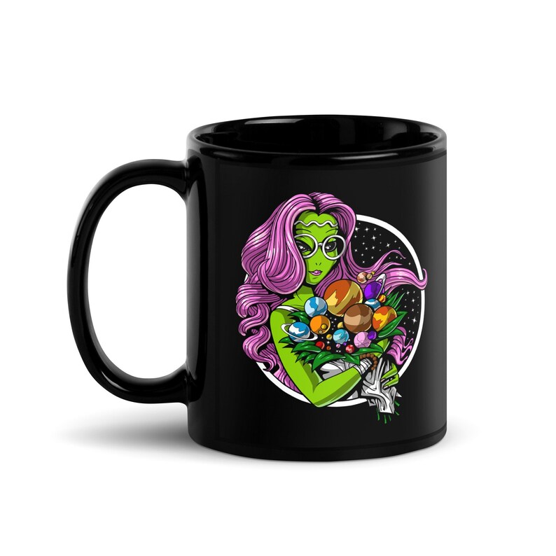 Alien Black Coffee Mug, Hippie Coffee Mug, Alien Mug, Floral Mug, Flowers Mug, Alien Coffee Cup, Hippie Gifts image 1