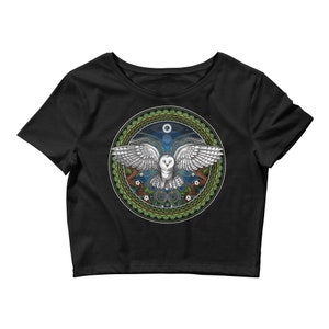 Owl Bird Fitted Crop Top, Owl Bird Tee, Nature Forest Womens Shirt, Botanical Clothing, Owl Apparel, Floral Shirts, Owl Outfit, Botany Shirt