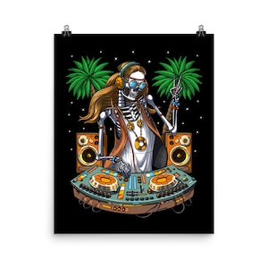 Hippie Skeleton DJ Poster - Techno Dubstep Wall Decor - House Music Art Print - Psytrance EDM Room Decor - Disco Poster - Hippie Gift