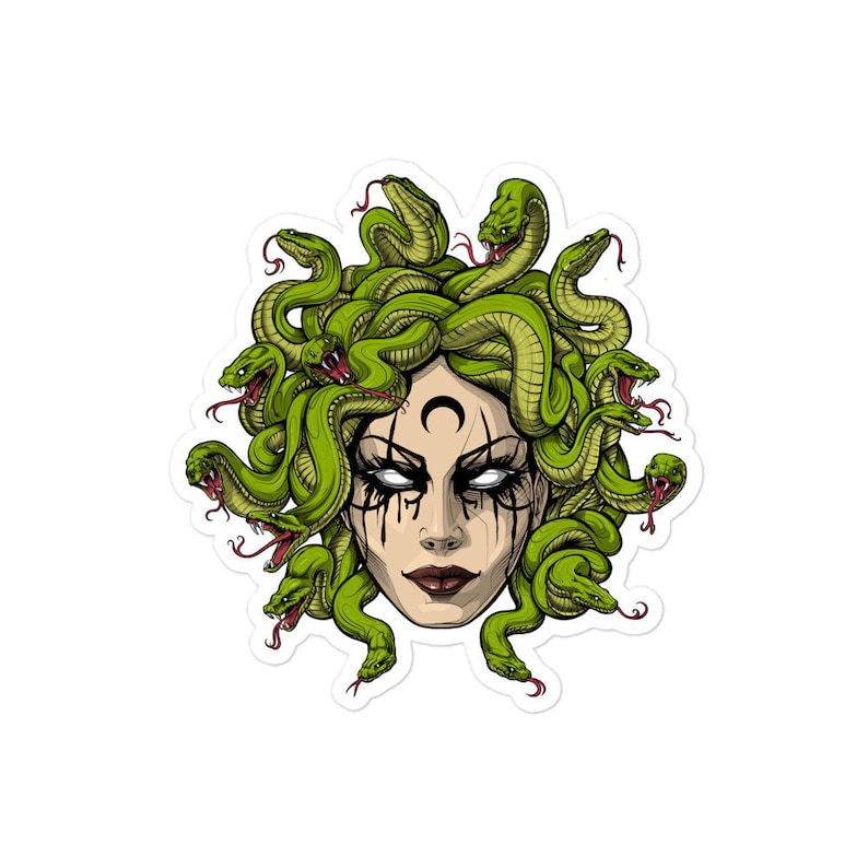 May include: A digital illustration of Medusa, a mythical Greek figure with snakes for hair, a dark, dramatic makeup look, and a crescent moon on her forehead.