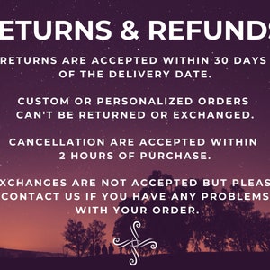 May include: Image with the text "RETURNS & REFUNDS". Returns are accepted within 30 days of delivery. Custom orders can't be returned. Cancellations are accepted within 2 hours. Exchanges are not accepted. Contact us with any order problems.