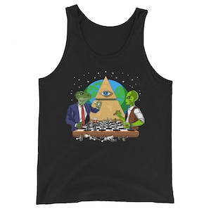 Alien Illuminati-tanktop, complottheorieën-tank, ruimte aliens herentank, alziend oog piramidetank, buitenaardse kleding, buitenaardse kleding