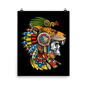 Aztec Jaguar Warrior Mask Poster - Aztec Skull Wall Decor - Native Mexican Mythology Art Print - Ancient Mayan Room Decor