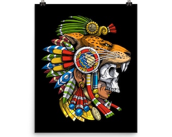Aztec Jaguar Warrior Mask Poster - Aztec Skull Wall Decor - Native Mexican Mythology Art Print - Ancient Mayan Room Decor