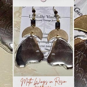 Real butterfly wing resin earrings with gold crescent moons & wood bead accents—bold, boho, and one-of-a-kind.