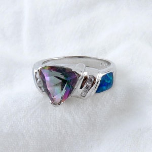 Rainbow Topaz Ring / Large Trillion Cut Rainbow Topaz with 925 Sterling Silver Ring, CZ and Blue Opal Inlay, Wedding Jewelry