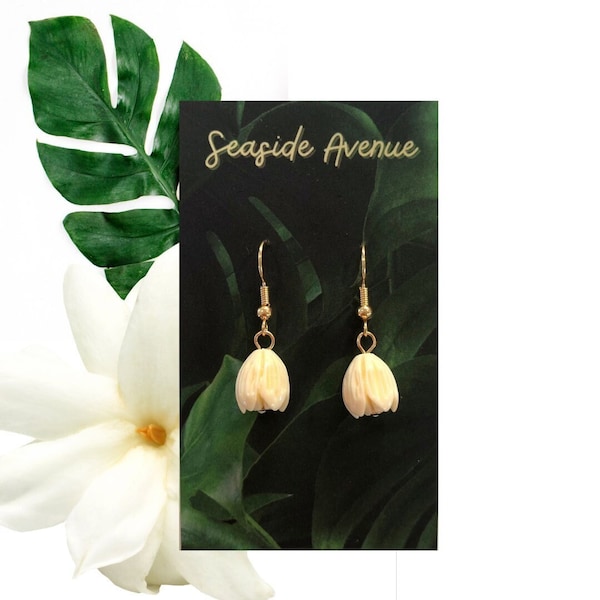 Pikake Flower Gold Dangle Earrings / Ivory Resin Jasmine Flower, Women's Earrings, Island Style Minimal Jewelry