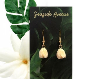 Pikake Flower Gold Dangle Earrings / Ivory Resin Jasmine Flower, Women's Earrings, Island Style Minimal Jewelry