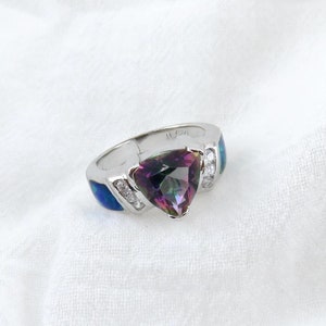 Mystic Topaz Ring / Large Trillion Cut Mystic Topaz with 925 Sterling Silver Ring, CZ and Blue Opal Inlay, Wedding Jewelry