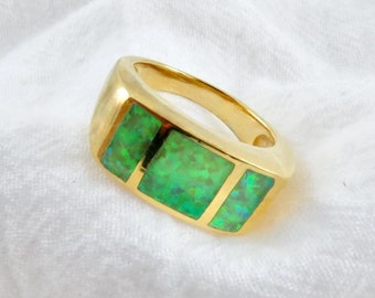 Anel de Ouro com Opala Verde / Anel de Prata de Lei 925, Banho de Ouro 14k e Opala Verde, Joia Clássica Vintage, Presente Ideal para Ela, Pedra de Nascimento de Outubro