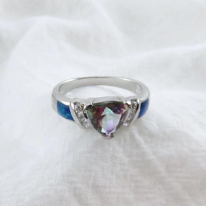 Mystic Topaz Ring / Trillion Cut Mystic Topaz with 925 Sterling Silver Ring, Diamond Simulants and Blue Opal Inlay, Wedding Jewelry