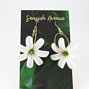 Real Touch Flowers, wiszące kolczyki Tiare / kwiaty piankowe, biżuteria hawajska, wyspa, tancerki hula, kwiaty, tahitańska gardenia, wiatraczek