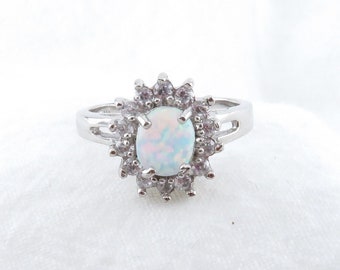 White Fire Opal Oval Ring, 925 Sterling Silver CZ Halo Wedding Jewelry