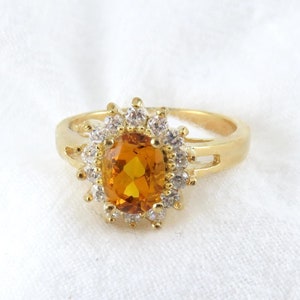 Ovale amethist ring citrien / 18k gouden bekleding met 925 sterlingzilveren ring en omringende zirkonia&#39;s, geboortesteen november