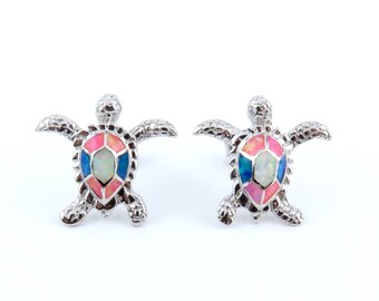 Sea Turtle Stud Earrings Fire Opal Pink Blue White Opal Hawaiian Turtle / Solid 925 Sterling Silver, Multicolor Stud Earrings