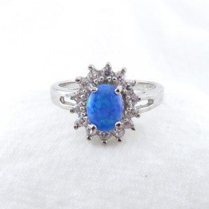 Blue Oval Opal Ring / 925 Sterling Silver Ring Blue Opal and Surround CZ Stones, Wedding Jewelry, Gift for Her, October Birthstone, size 9