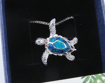 Orecchini pendenti in argento sterling 925 con tartaruga marina Hawaii e opale di fuoco blu da 5 g - Italia