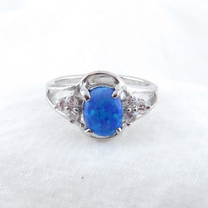 Blue Oval Opal Ring / 925 Sterling Silver Ring with Ocean Blue Opal and Three CZ Stones, Wedding Jewelry, Gift for Her, October Birthstone