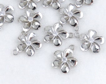 Silver Flower Charms with Cubic Zirconia / Plumeria Charms
