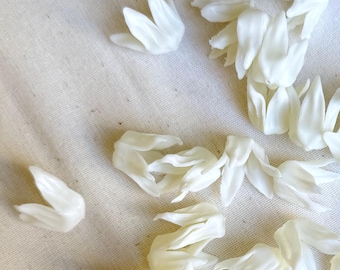 May include: A collection of small, white, petal-like objects scattered on a light-colored fabric. The objects have a delicate, layered appearance, suggesting a floral theme. The arrangement is random, creating a natural, organic aesthetic.