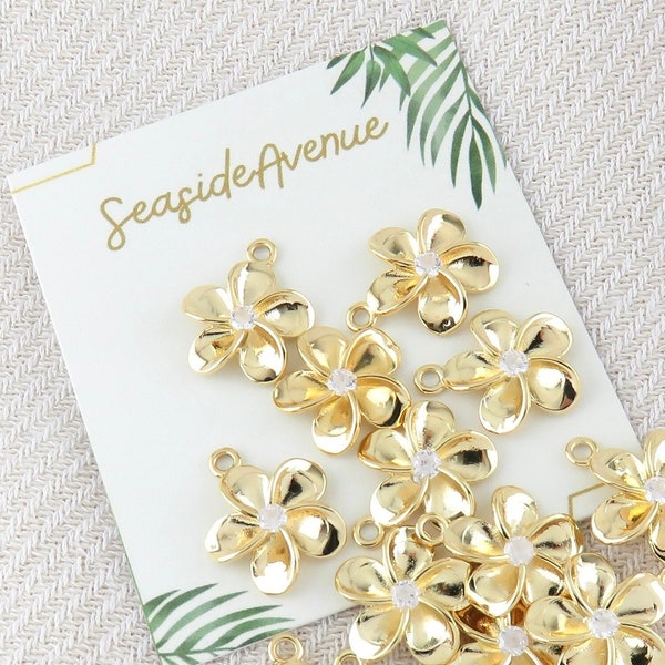 Gold Flower Charms with Cubic Zirconia / Plumeria Charms