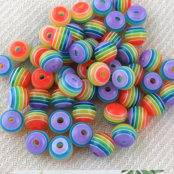 Rainbow Beads Round Smooth Bead for Jewelry Making DIY 10mm Multicolor Round Stripe Bubblegum Spacers Yoga Pride Bohemian LGBTQ EDC