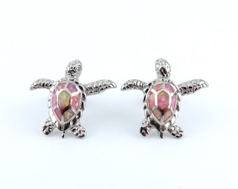 Pendientes de tortuga hawaiana de ópalo rosa fuego / Plata de ley 925 maciza, pendientes de botón, ópalo rosa