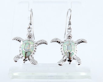 White Opal Hawaiian Sea Turtle Earrings / Solid 925 Sterling Silver, Stud Earrings, White Opal