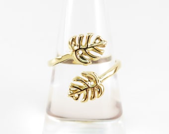 Double Monstera Leaf Bypass Ring / Cuff Ring, Wrap Ring, Adjustable, Gold Statement Ring, Plant Ring