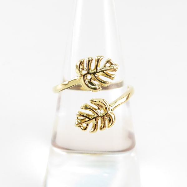 Double Monstera Leaf Bypass Ring / Cuff Ring, Wrap Ring, Adjustable, Gold Statement Ring, Plant Ring