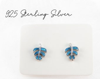 Monstera Leaf Stud Earrings - 925 Sterling Silver, Hawaiian Jewelry, Petite Cute Stud Earrings