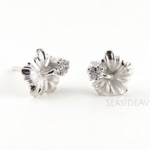 8mm Hawaiian Hibiscus with Cubic Zirconia Stud Earring - 925 Sterling Silver