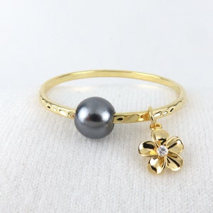 Straight Baby Bangle, Black Pearl and CZ Flower Charm / Keiki Bangle, Hamilton Gold, Minimalist Infant Kids