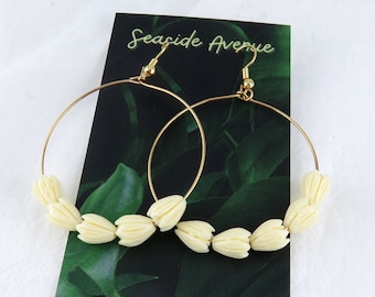 Round Hoop Earrings with Pikake / Hawaiian Jasmine Flower Tulip, Handmade Earrings, Island Style Jewelry Pikake
