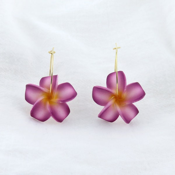 Purple Plumeria Flower Hoop Earrings / Foam Flowers, Hawaiian Jewelry, Island , Hula Dancers, Tropical Flowers, Purple Flowers