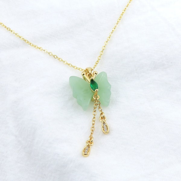 Gold Green Jade Butterfly Pendant