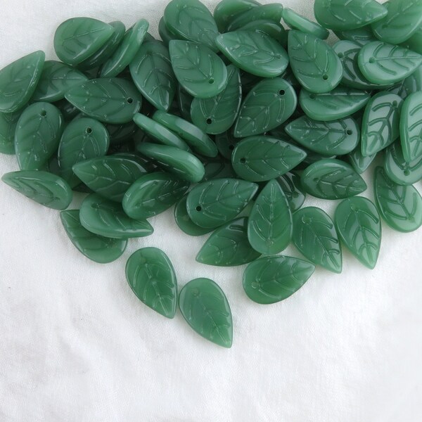 Jade Green Leaf Glass Beads, 20 pcs, Flat Leaf Beads, 18mm x 11mm, Dark Green Glass Beads, Jewelry Supplies, DIY Jewelry Making