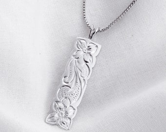 Silver Floral Scroll Bar Necklace / Hawaiian Jewelry Classic Design Necklace, Flower Necklace, Floral Bar, Simple